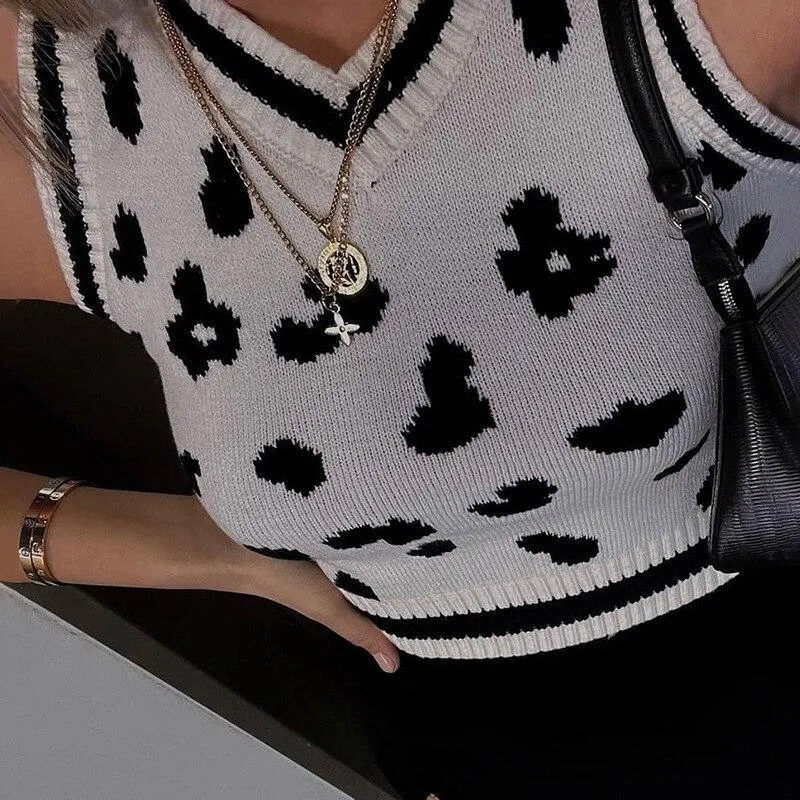 Mono Leopard Print Sleeveless Knit Crop Top Women's Top White Summer Y2K Casual V Neck Vest Sexy Tank