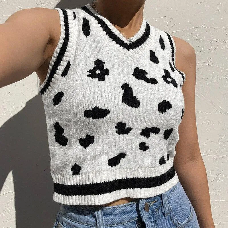 Mono Leopard Print Sleeveless Knit Crop Top Women's Top White Summer Y2K Casual V Neck Vest Sexy Tank