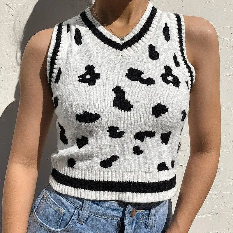 Mono Leopard Print Sleeveless Knit Crop Top Women's Top White Summer Y2K Casual V Neck Vest Sexy Tank