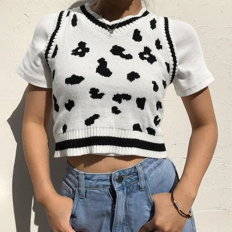 Mono Leopard Print Sleeveless Knit Crop Top Women's Top White Summer Y2K Casual V Neck Vest Sexy Tank