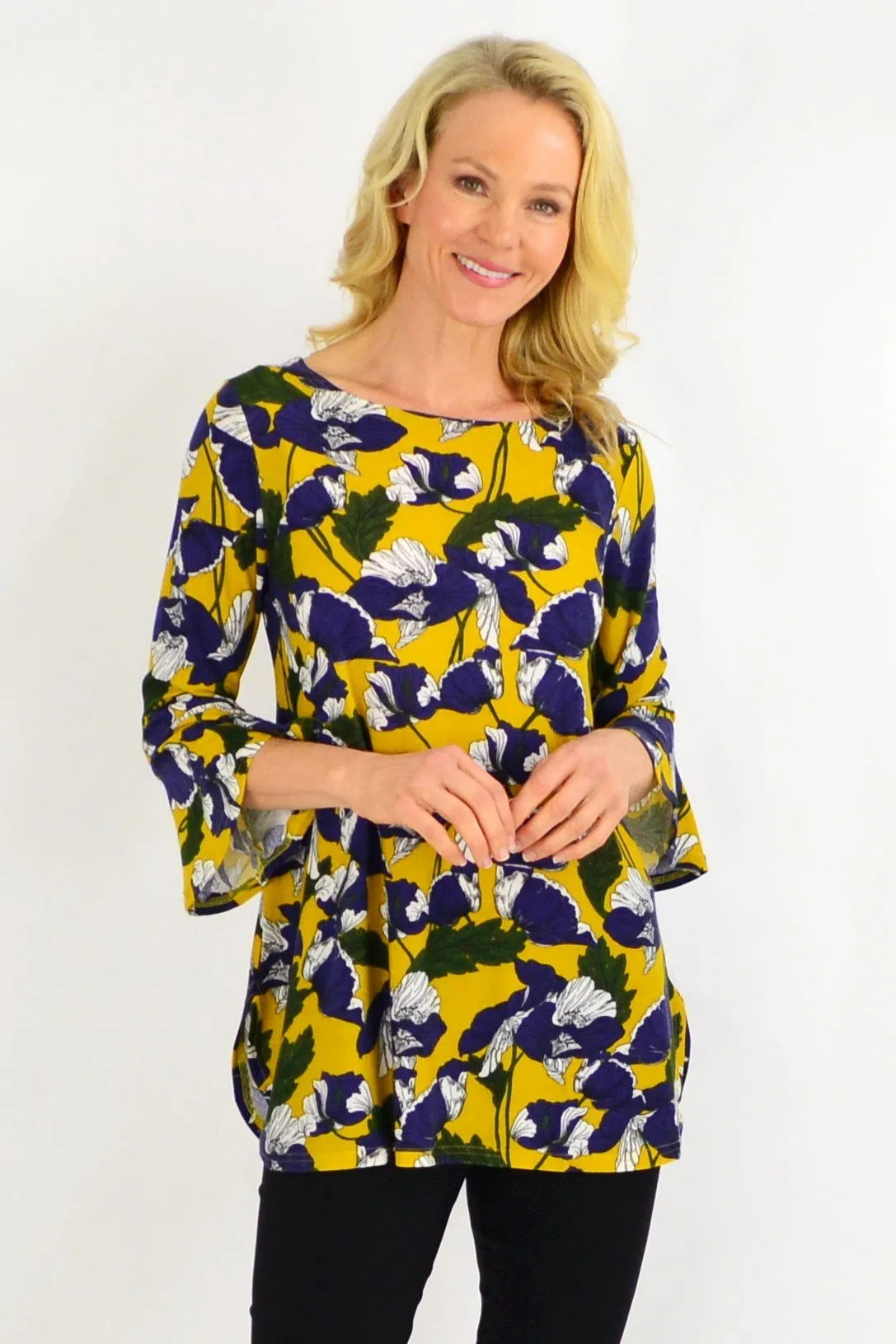 Mustard Floral Boat Neck Tunic Top