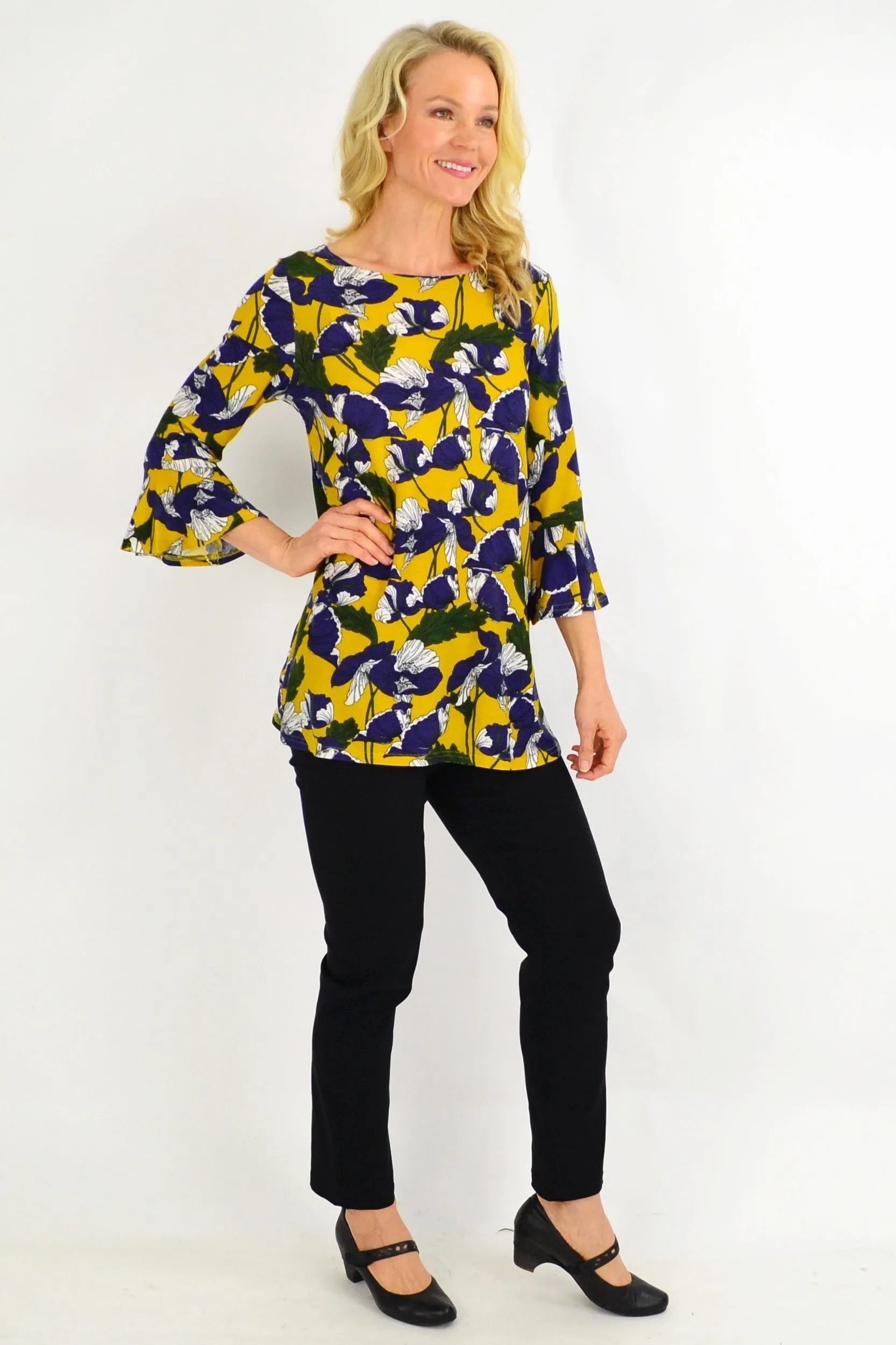 Mustard Floral Boat Neck Tunic Top