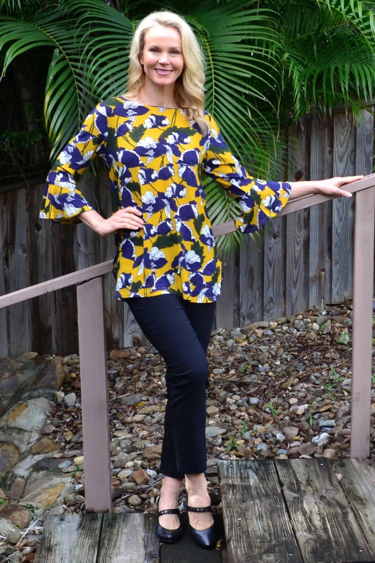 Mustard Floral Boat Neck Tunic Top