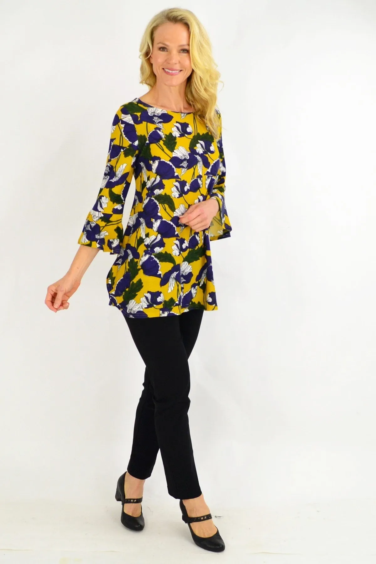 Mustard Floral Boat Neck Tunic Top