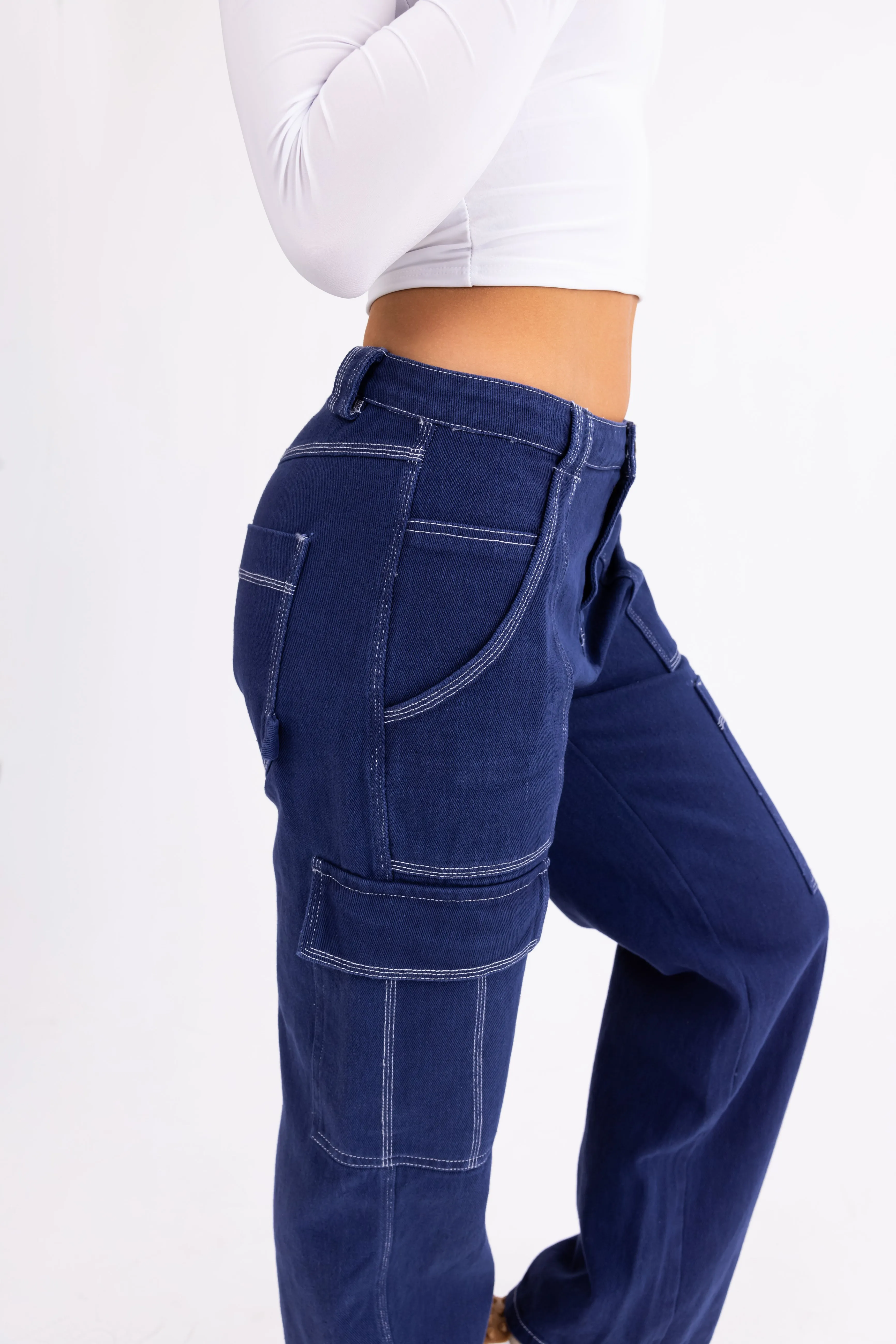 Navy Wide Leg Cargo Pants with White Stitching