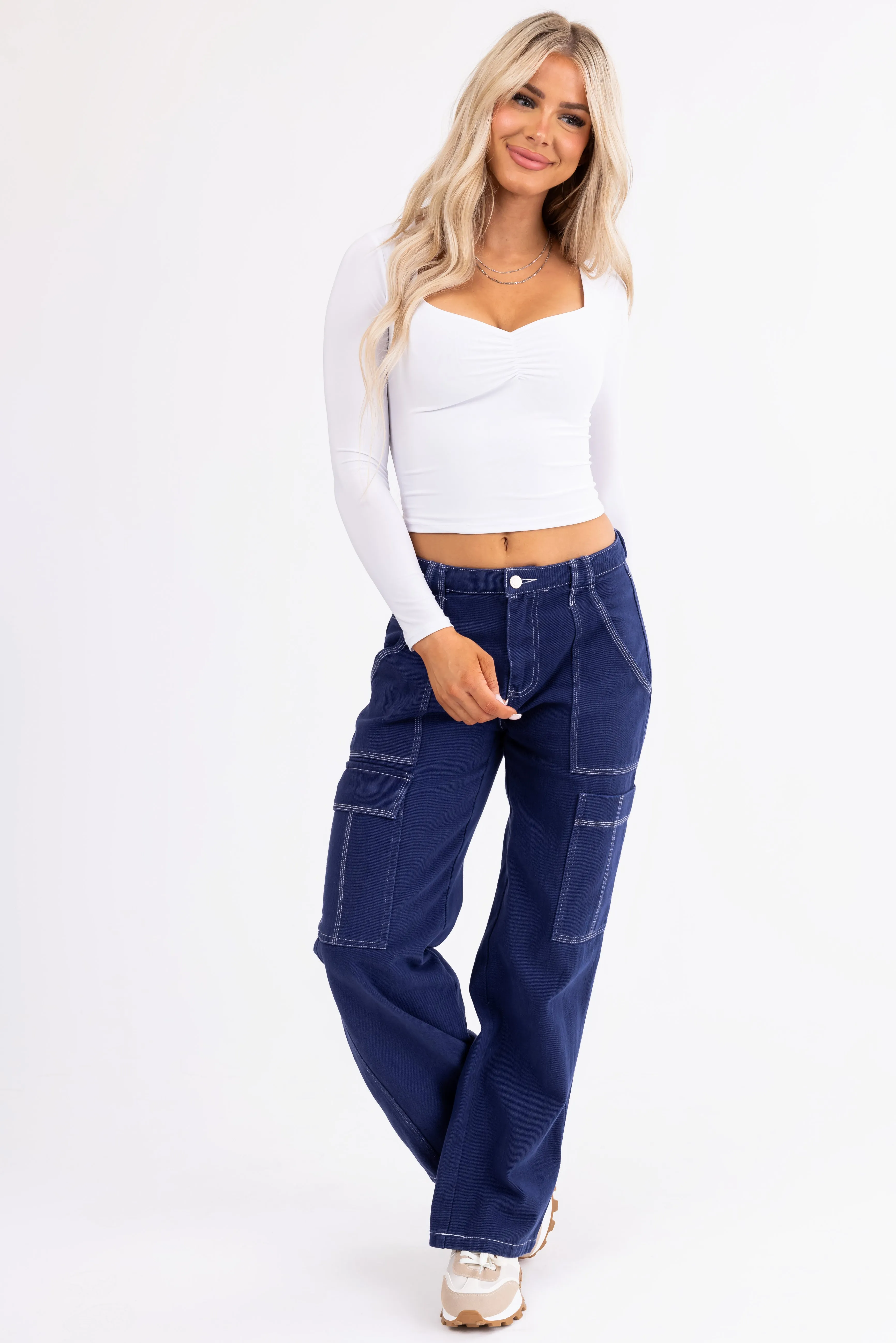 Navy Wide Leg Cargo Pants with White Stitching