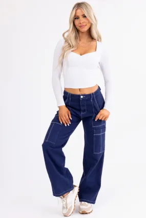 Navy Wide Leg Cargo Pants with White Stitching