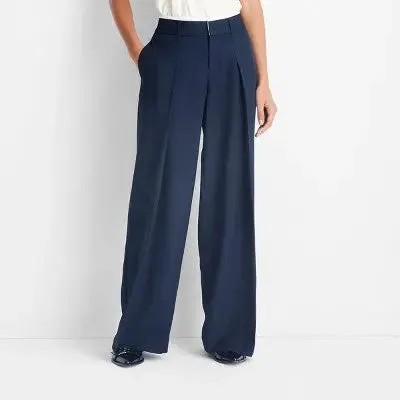 New - Women's Mid-Rise Wide Leg Contrast Waistband Trousers - Future Collective