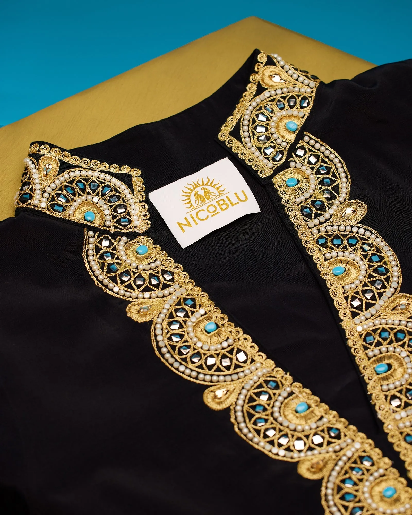 Noor Long Black Tunic Dress with Gold Embellishment