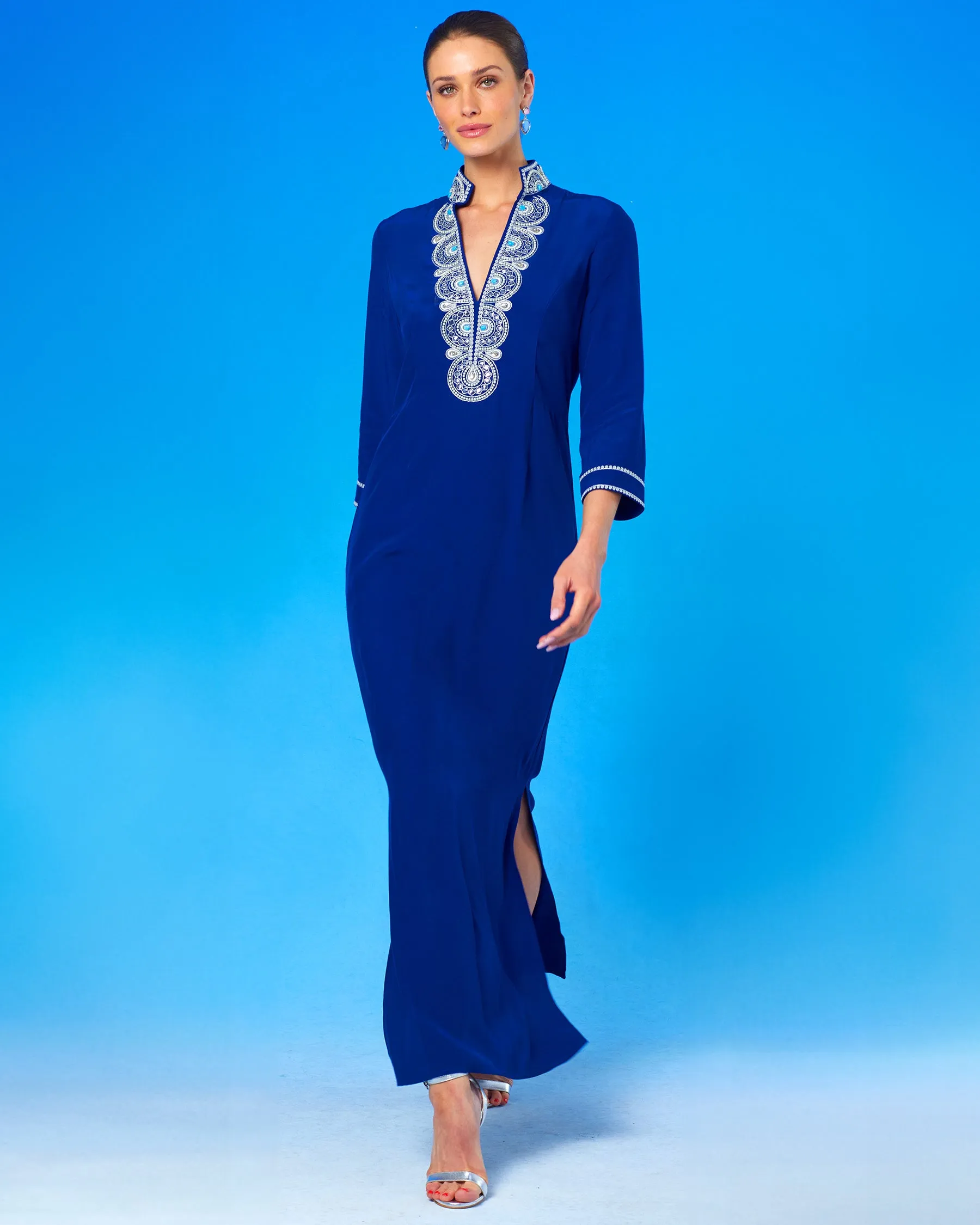 Noor Long Navy Tunic Dress with Silver Embellishment