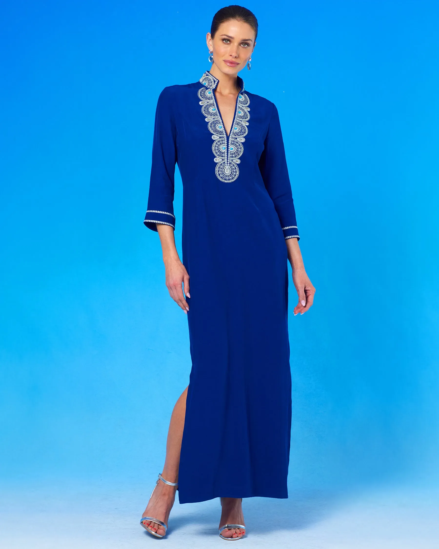 Noor Long Navy Tunic Dress with Silver Embellishment