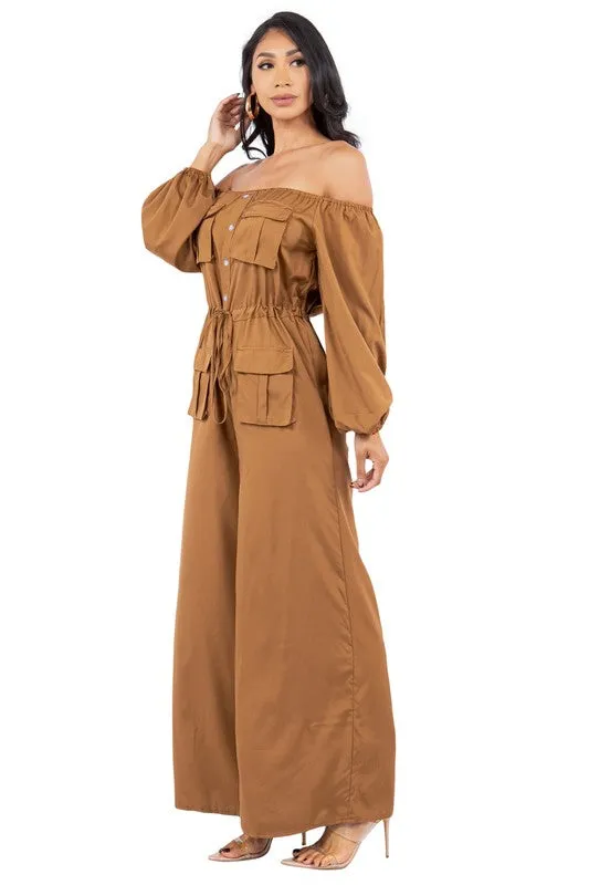 off shoulder long sleeves cargo style jumpsuit