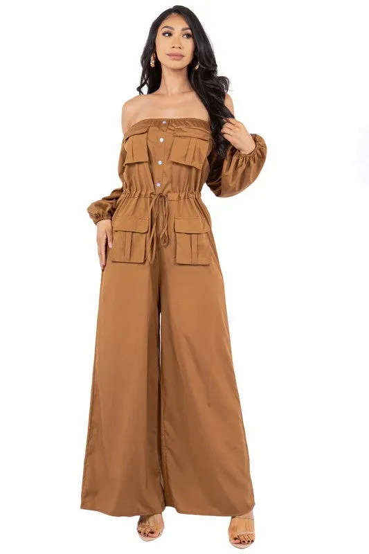 off shoulder long sleeves cargo style jumpsuit