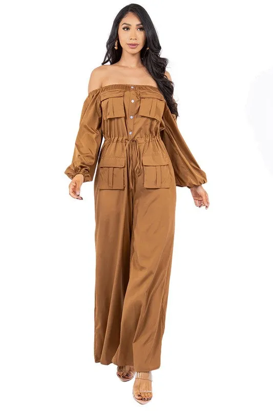 off shoulder long sleeves cargo style jumpsuit