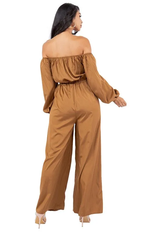 off shoulder long sleeves cargo style jumpsuit