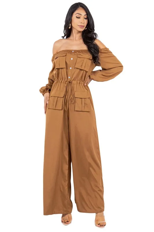 off shoulder long sleeves cargo style jumpsuit