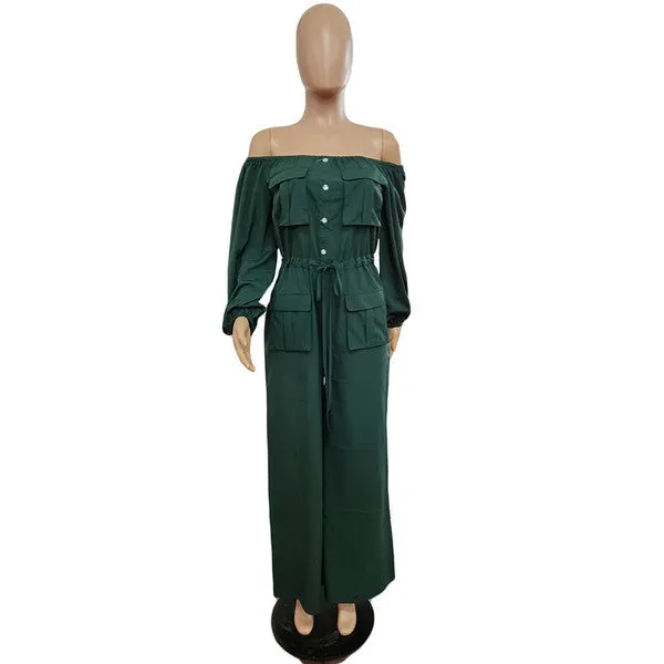 off shoulder long sleeves cargo style jumpsuit