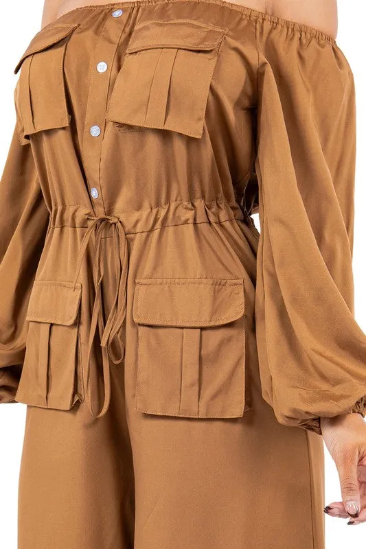 off shoulder long sleeves cargo style jumpsuit