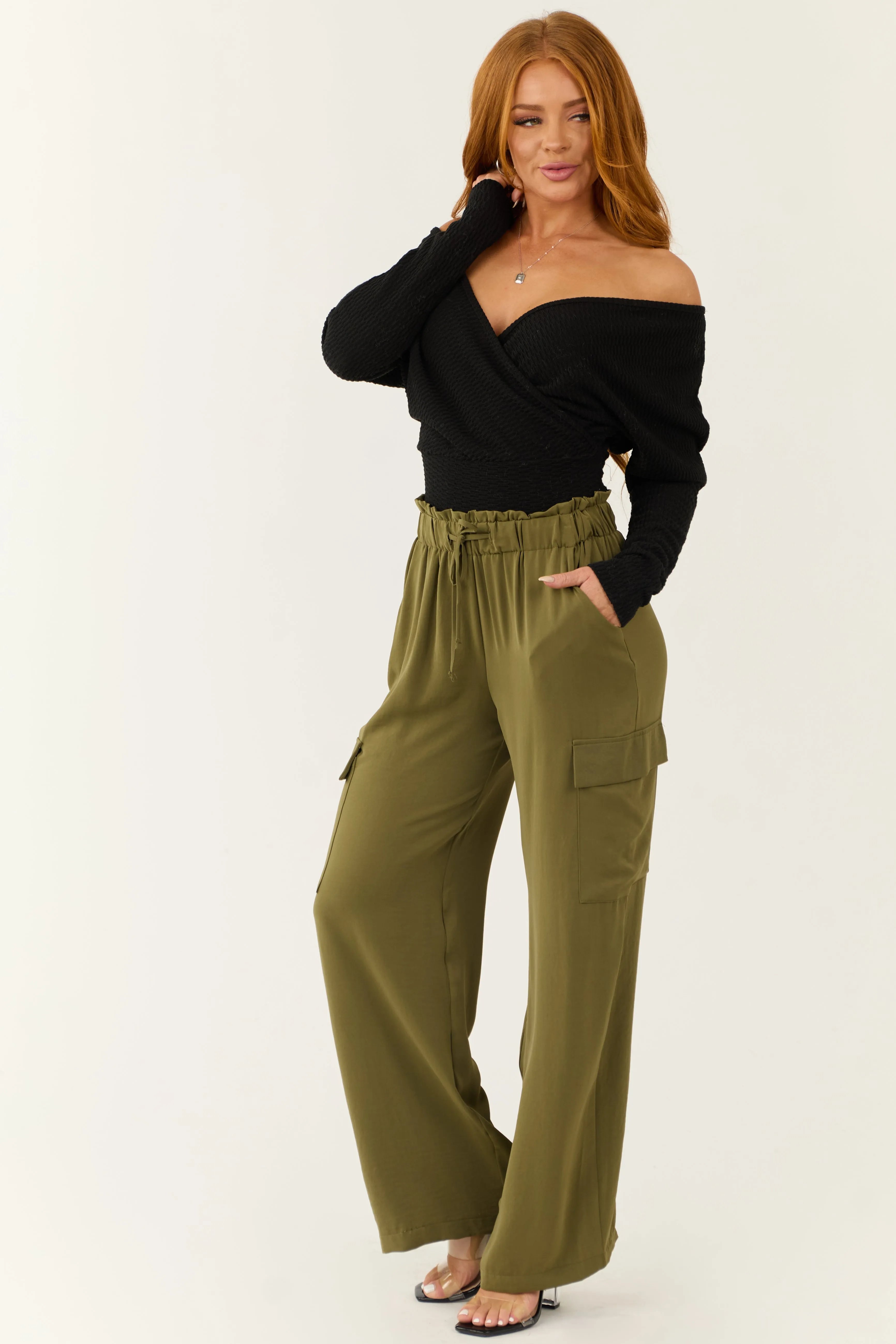 Olive Elastic Paperbag Waist Drawstring Cargo Pants