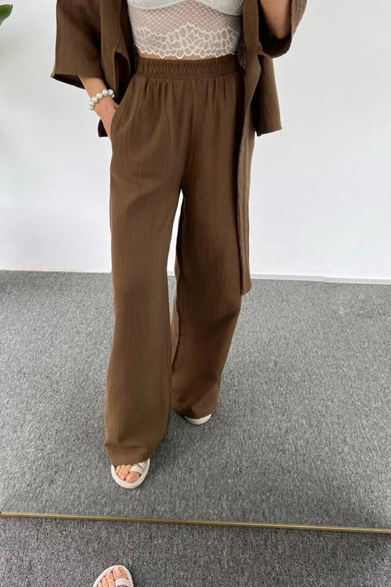 Open Front Tie-Up Shirt Long Pants Set