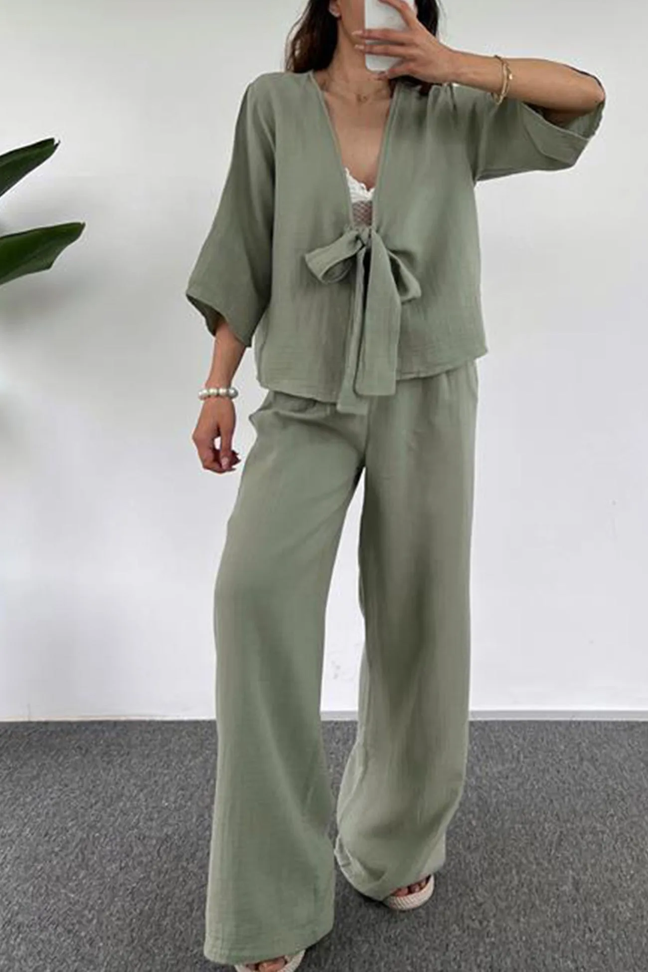 Open Front Tie-Up Shirt Long Pants Set