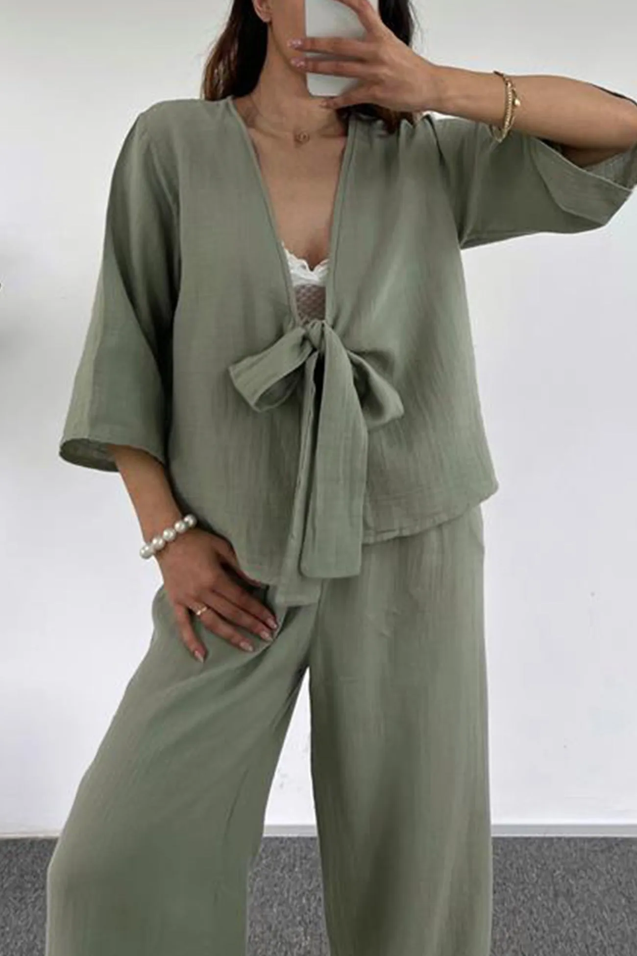 Open Front Tie-Up Shirt Long Pants Set