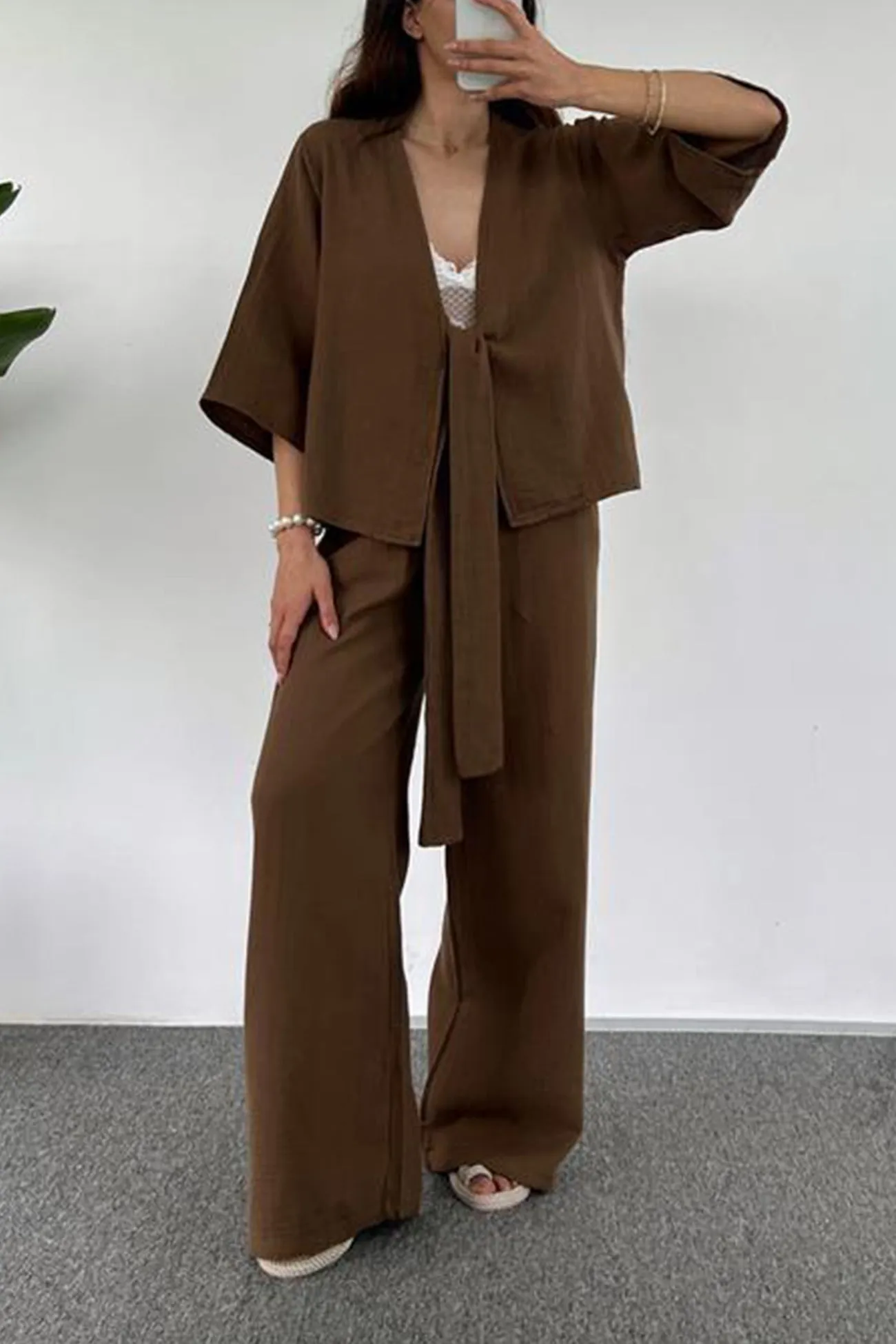 Open Front Tie-Up Shirt Long Pants Set