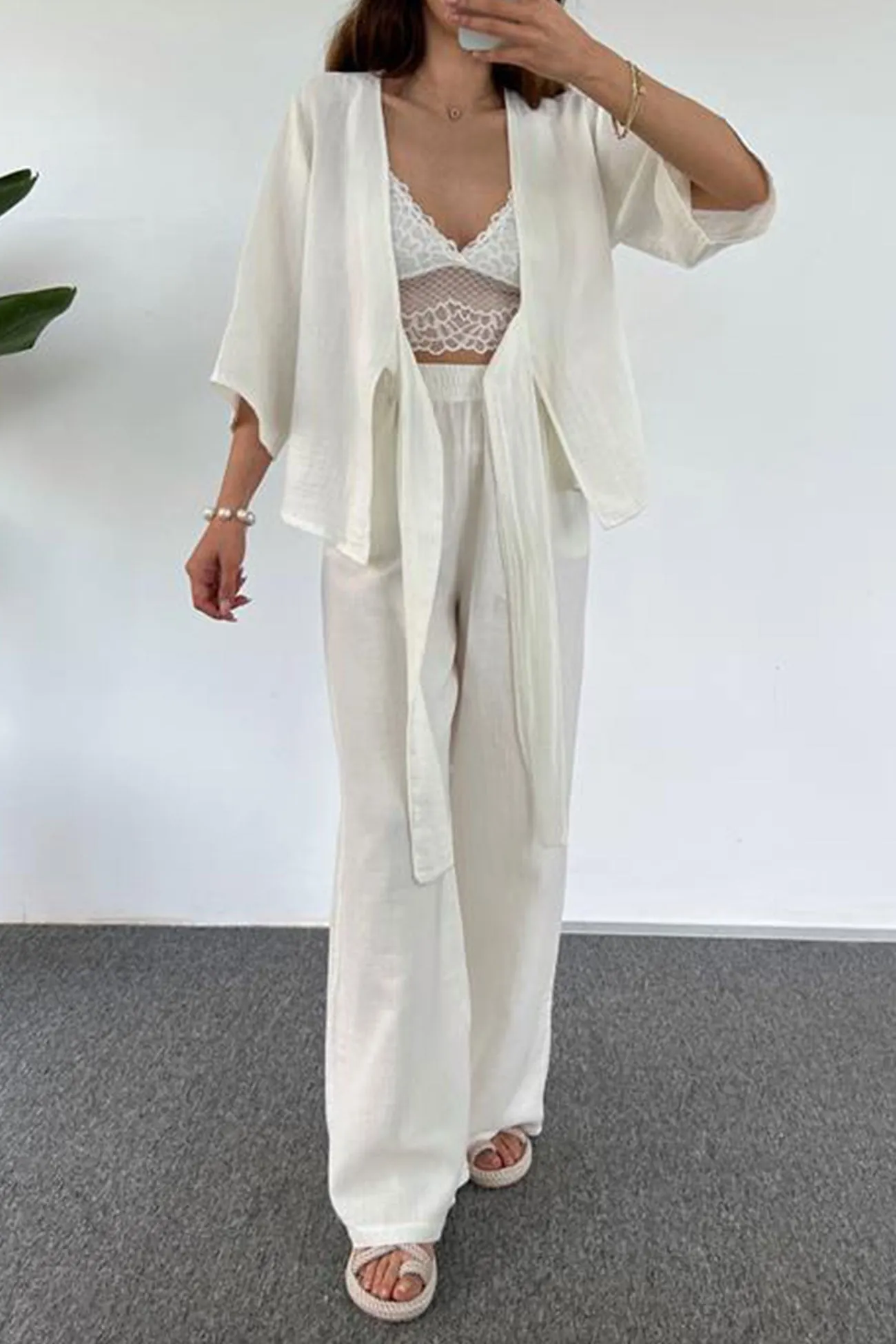 Open Front Tie-Up Shirt Long Pants Set