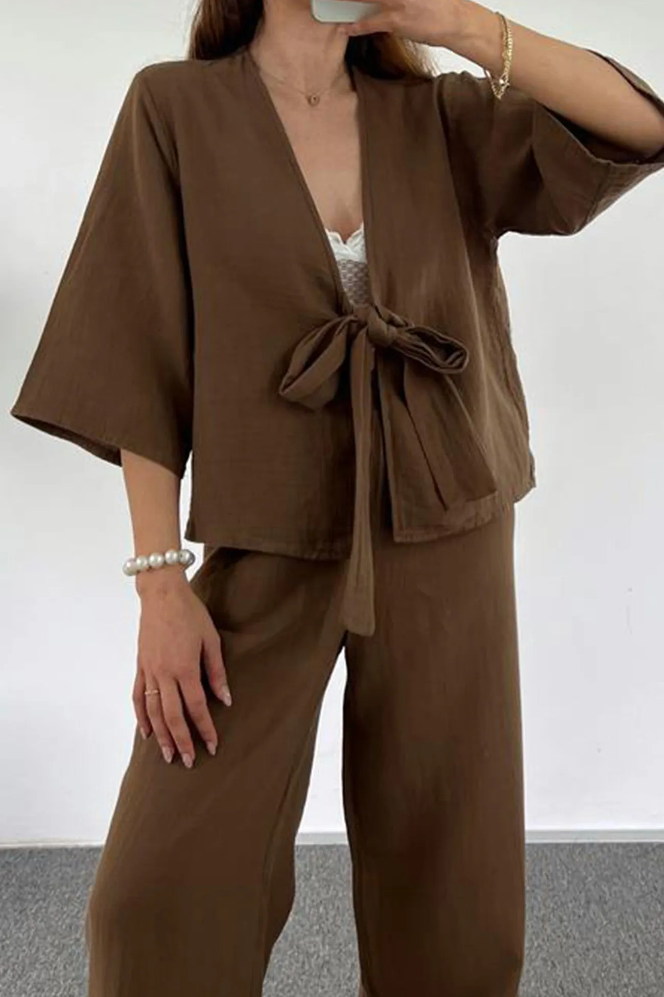 Open Front Tie-Up Shirt Long Pants Set