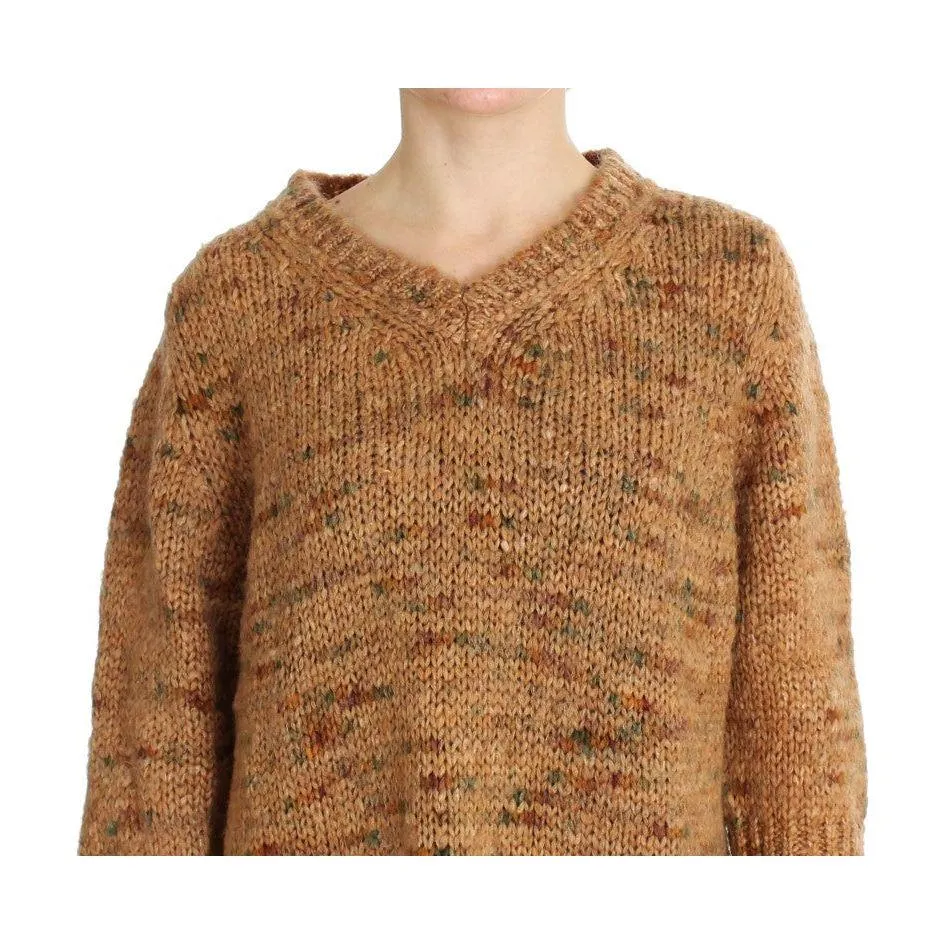 PINK MEMORIES Chic Brown Oversize Knitted V-Neck Sweater