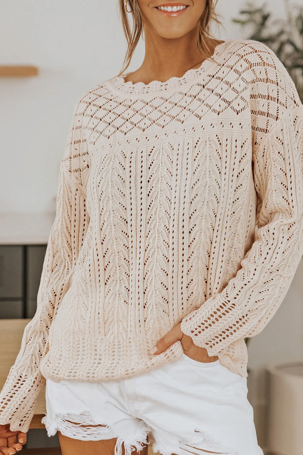 Pink Solid Casual Drop Shoulder Knit Sweater