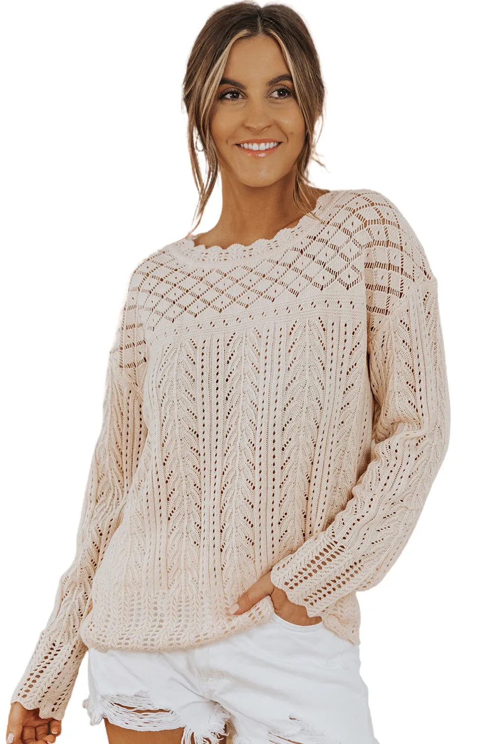 Pink Solid Casual Drop Shoulder Knit Sweater