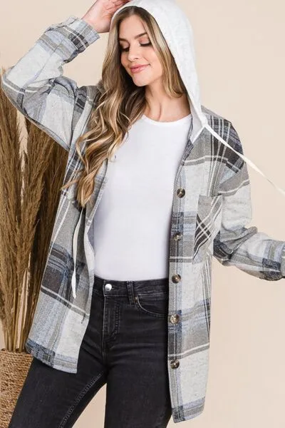 Plaid Button Up Drawstring Hooded Jacket