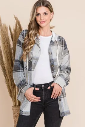 Plaid Button Up Drawstring Hooded Jacket