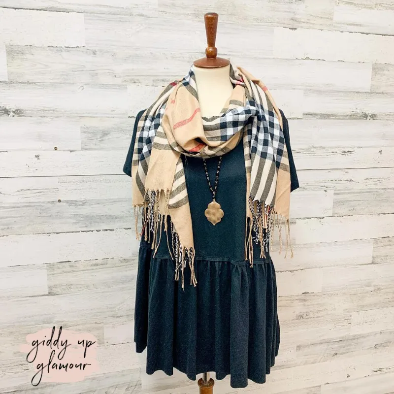 Plaid Scarf with Fringe in Taupe