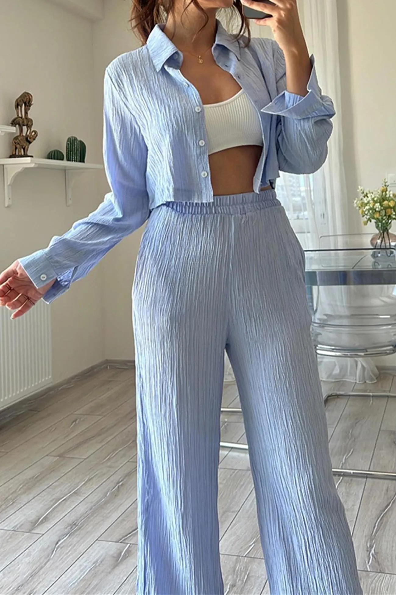 Pleated Cropped Shirt Long Pants Suits