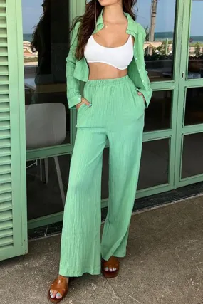 Pleated Cropped Shirt Long Pants Suits