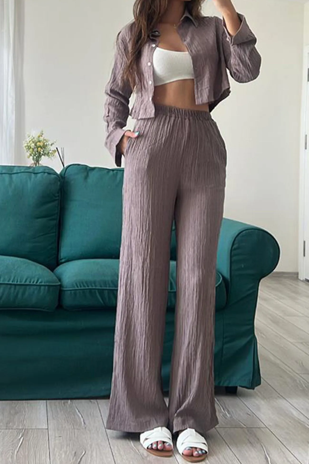 Pleated Cropped Shirt Long Pants Suits