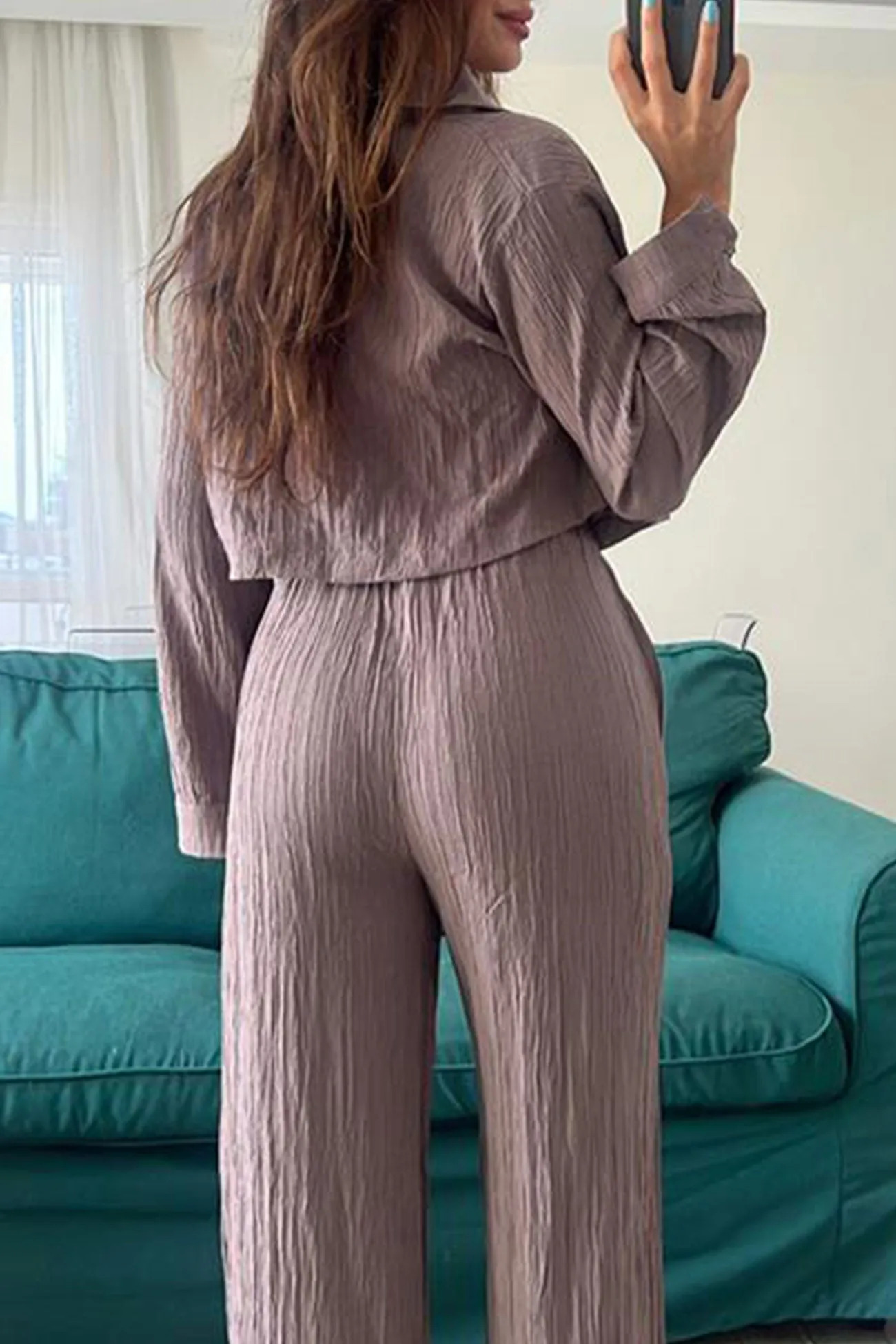 Pleated Cropped Shirt Long Pants Suits