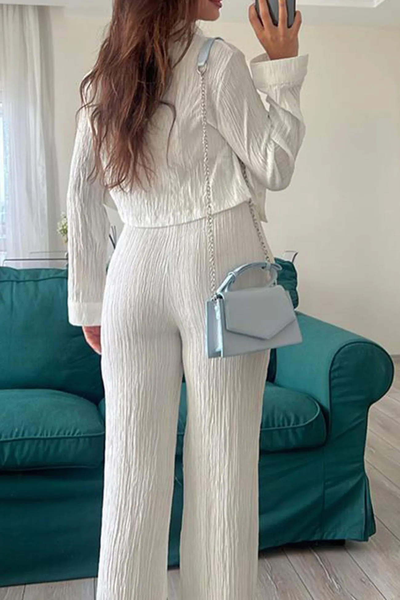 Pleated Cropped Shirt Long Pants Suits