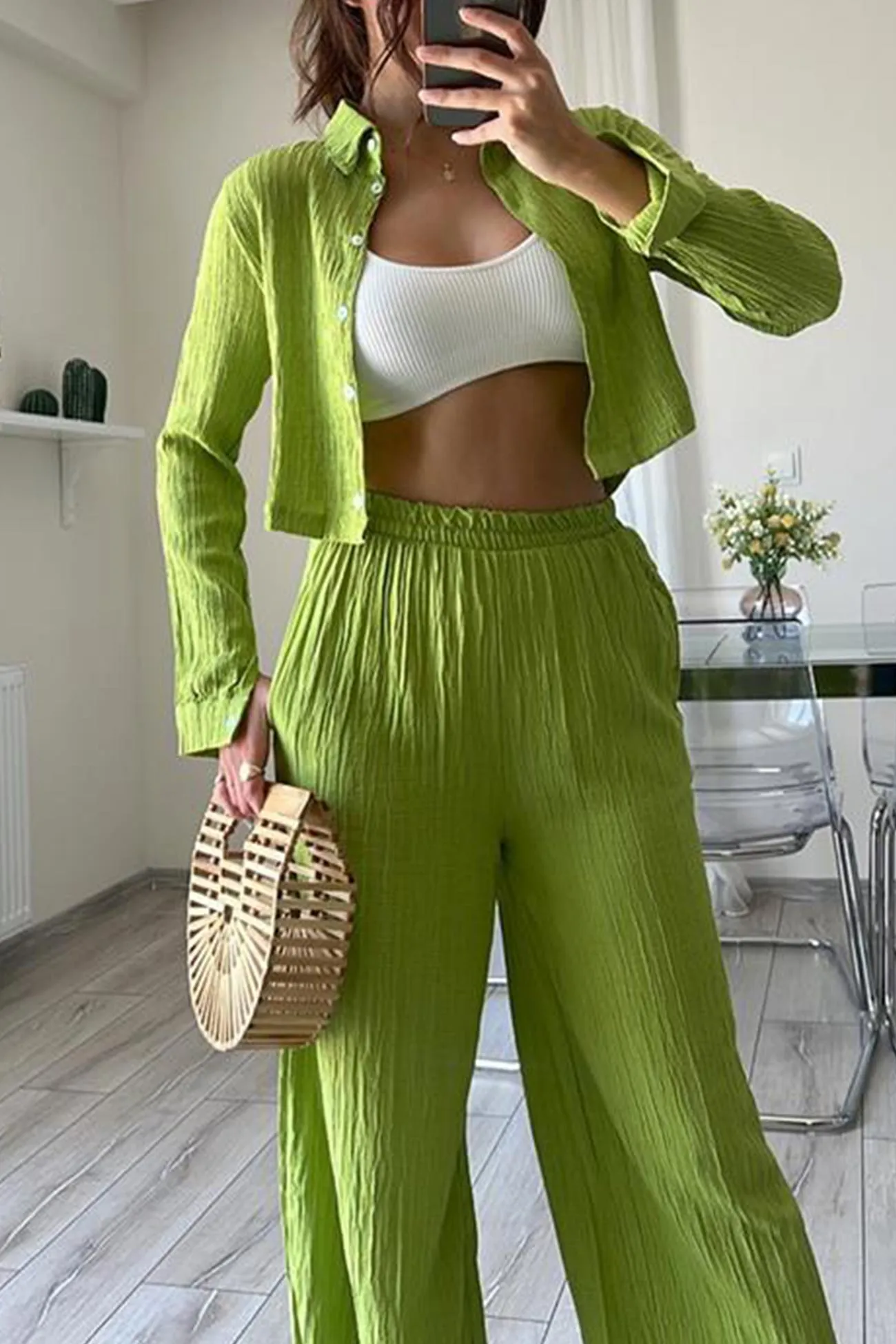 Pleated Cropped Shirt Long Pants Suits