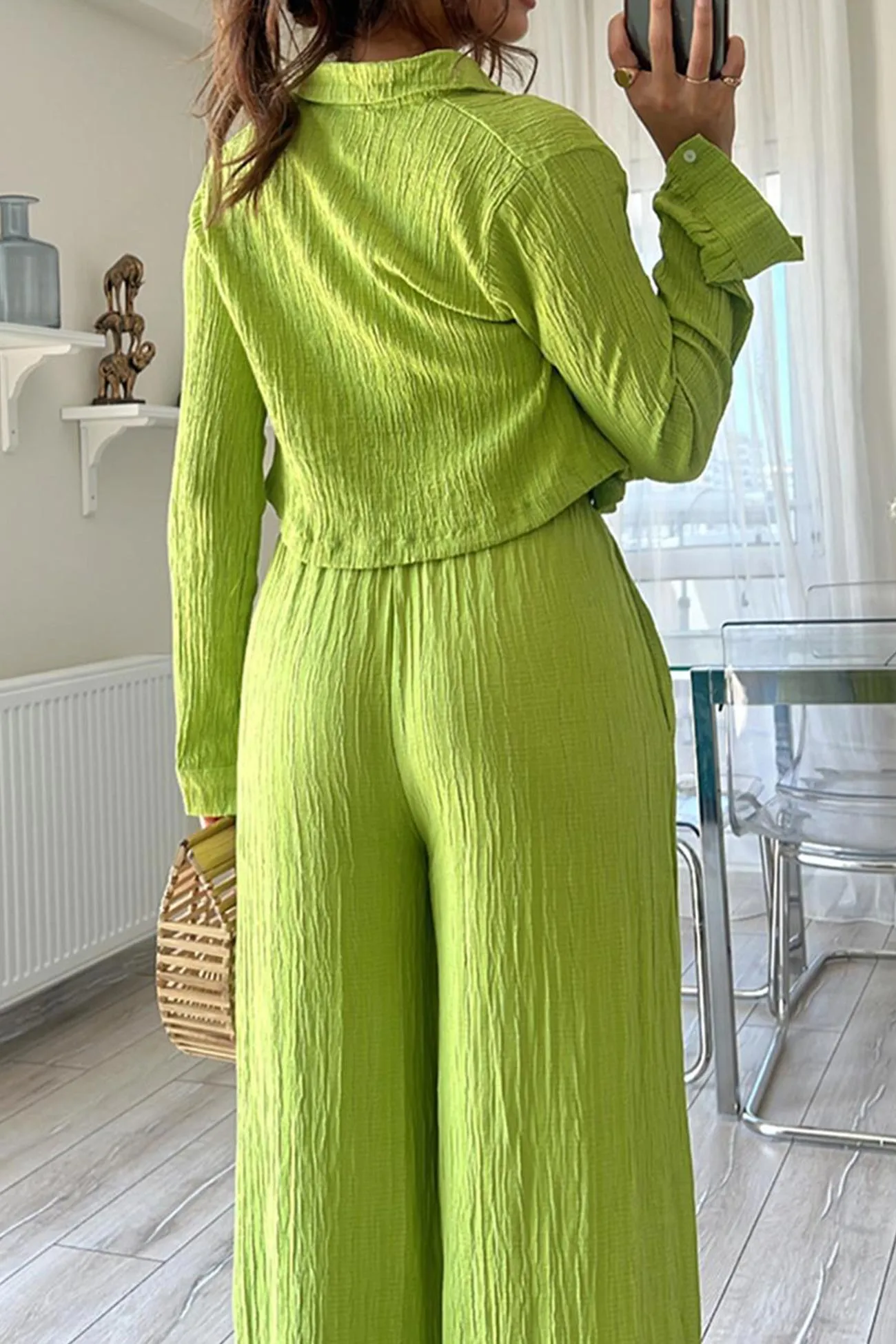 Pleated Cropped Shirt Long Pants Suits