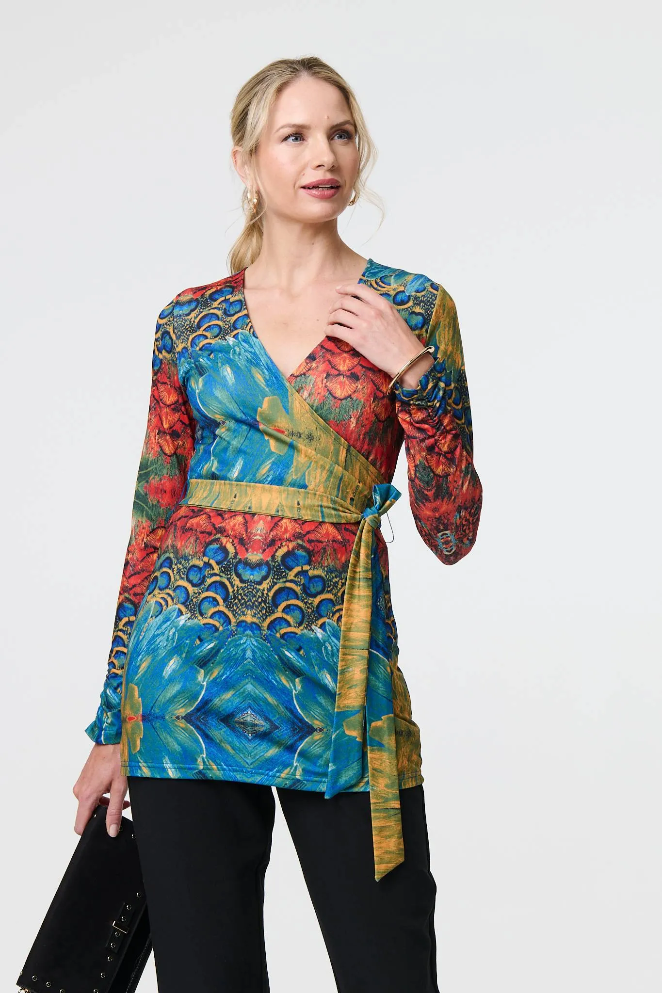 Printed Tie Waist Long Sleeve Wrap Tunic Top