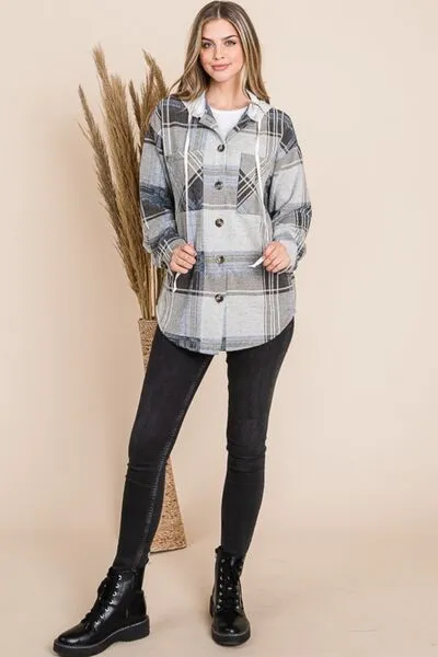 Reborn J Plaid Button Up Drawstring Hooded Jacket