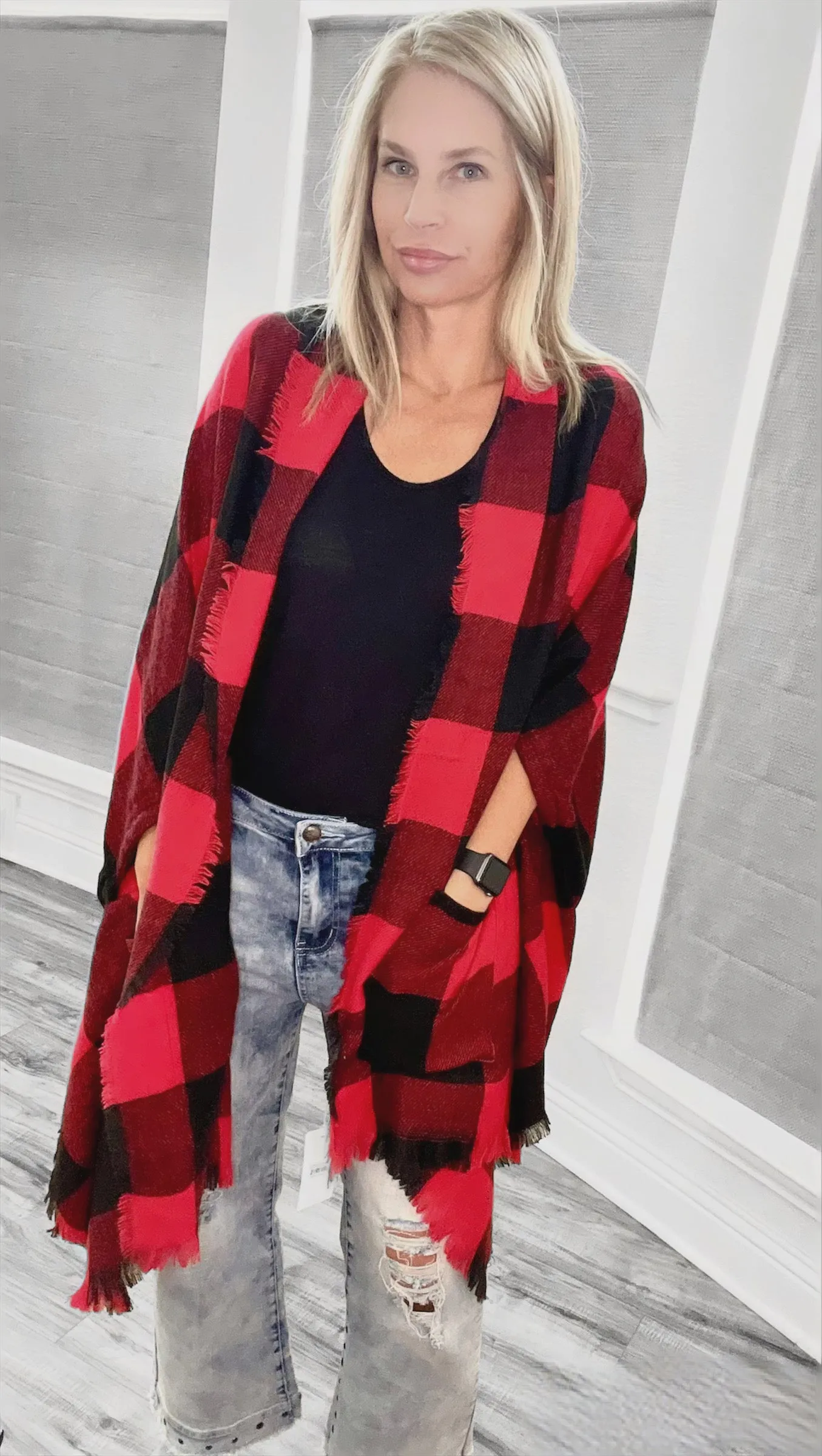 Red Buffalo Checked Poncho with Pockets