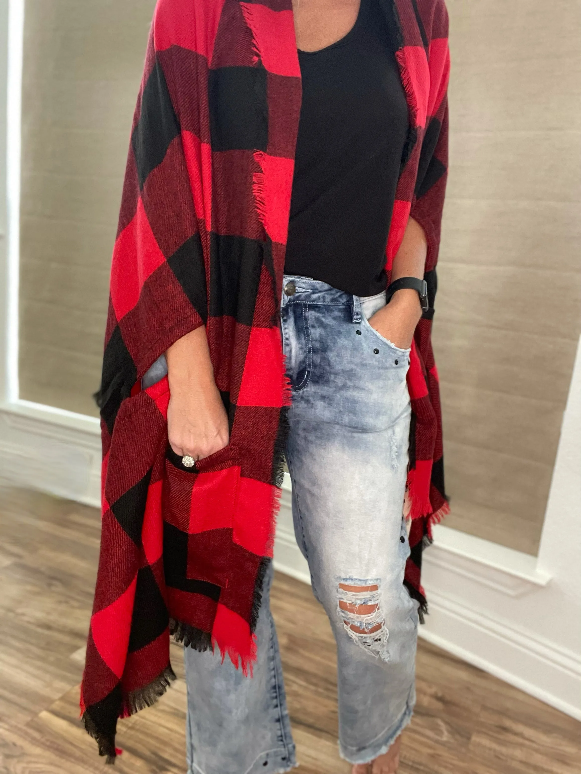 Red Buffalo Checked Poncho with Pockets