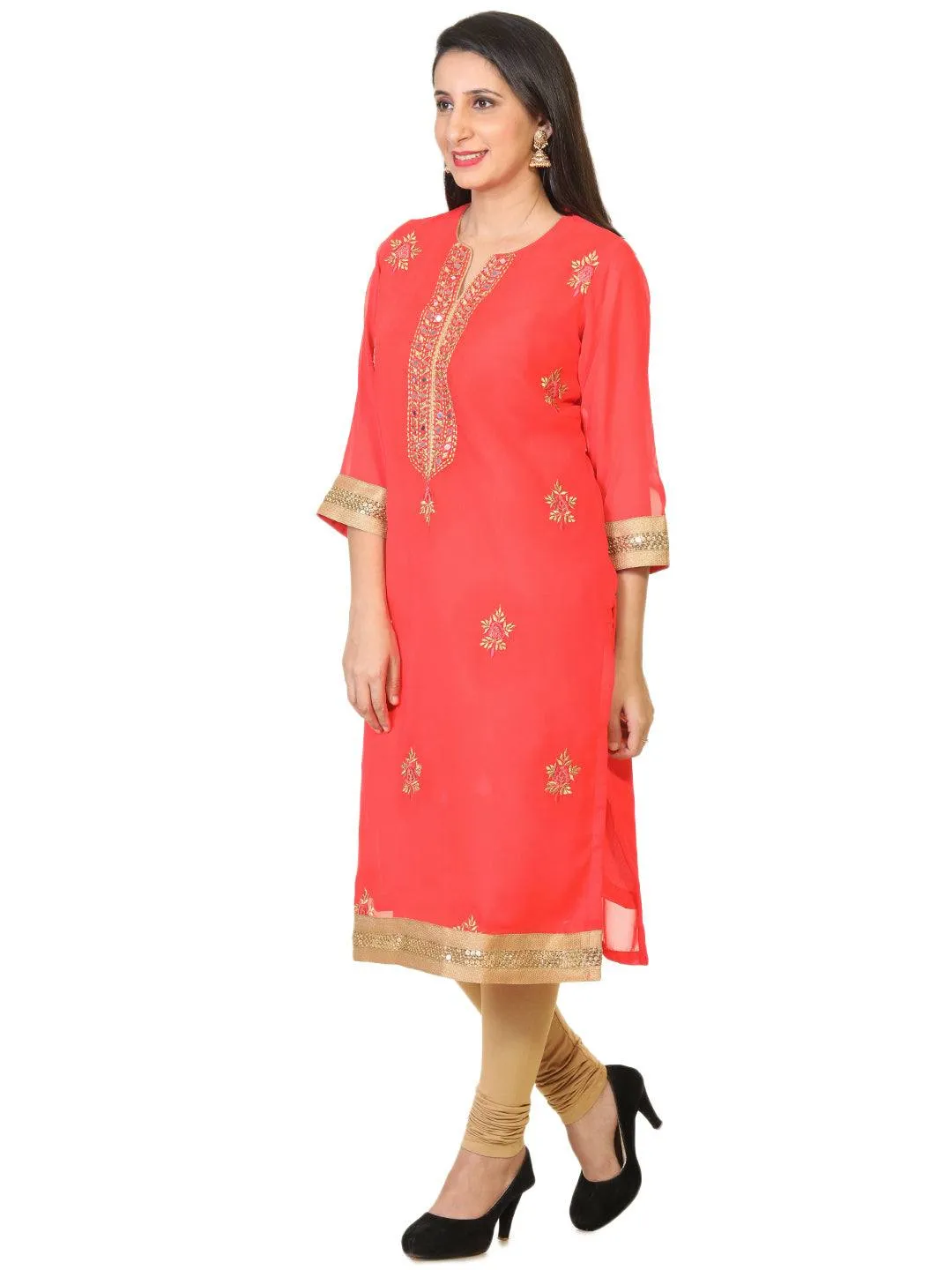 Red Colored Long Georgette Tunic with Zari Work