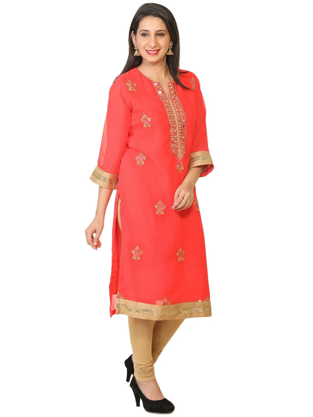 Red Colored Long Georgette Tunic with Zari Work