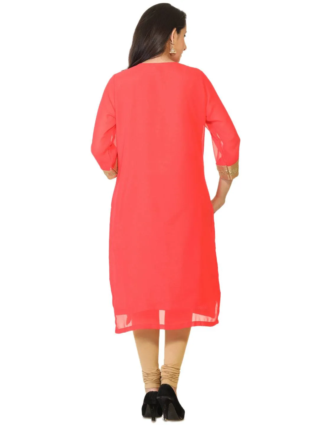 Red Colored Long Georgette Tunic with Zari Work