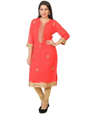 Red Colored Long Georgette Tunic with Zari Work